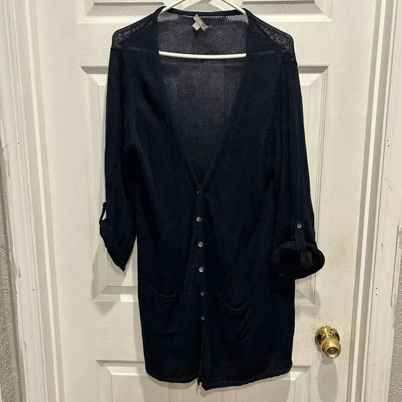 J.‎ Jill Long Line Button Down Cardigan Linen Blend Navy Blue Front Pockets - Picture 1 of 7